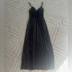 Vintage black nylon lace spaghetti strap nightgown with flower detail